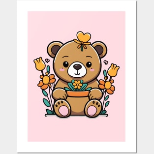 Kawaii Bear Sitting in Flowers Posters and Art